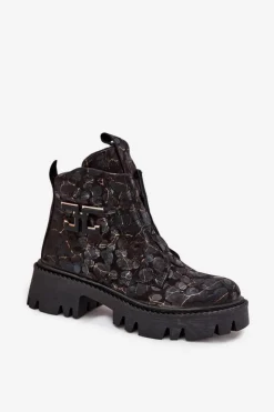 Damskie Artiker Skórzane Botki Damskie Z Ozdobą Ocieplane 57C2084 Czarno-Złote