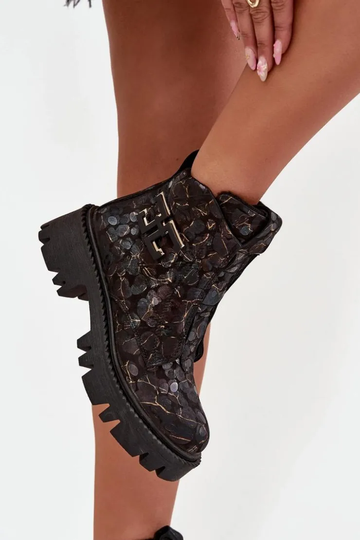 Damskie Artiker Skórzane Botki Damskie Z Ozdobą Ocieplane 57C2084 Czarno-Złote