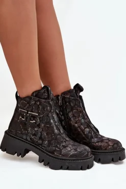 Damskie Artiker Skórzane Botki Damskie Z Ozdobą Ocieplane 57C2084 Czarno-Złote