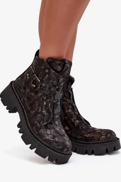 Damskie Artiker Skórzane Botki Damskie Z Ozdobą Ocieplane 57C2084 Czarno-Złote