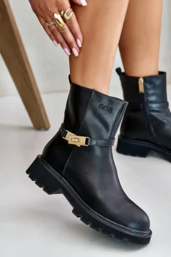 Damskie GOE Skórzane Botki Damskie Z Paskiem Ocieplane OO2N4150 Czarne