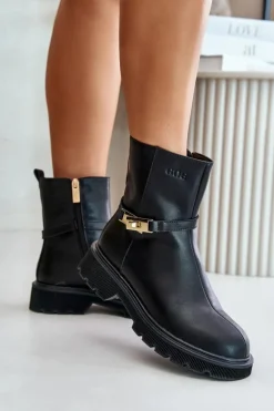 Damskie GOE Skórzane Botki Damskie Z Paskiem Ocieplane OO2N4150 Czarne