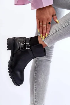 Boto Czarne Botki|Botki Płaskie*Skórzane Botki Damskie Z Paskami Czarne Minks