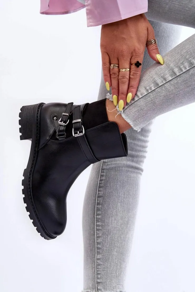 Boto Czarne Botki|Botki Płaskie*Skórzane Botki Damskie Z Paskami Czarne Minks