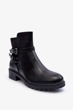 Boto Czarne Botki|Botki Płaskie*Skórzane Botki Damskie Z Paskami Czarne Minks