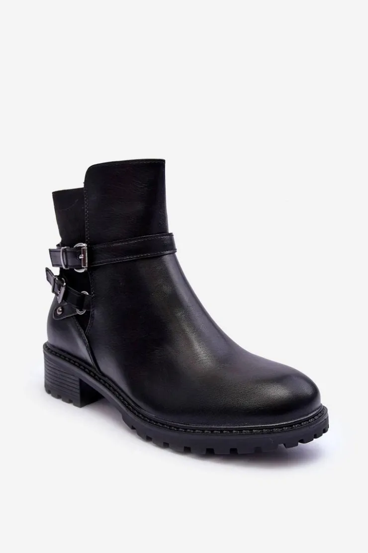 Boto Czarne Botki|Botki Płaskie*Skórzane Botki Damskie Z Paskami Czarne Minks