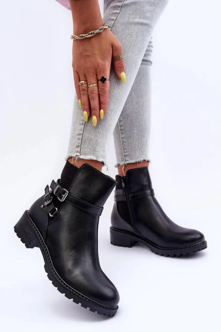 Boto Czarne Botki|Botki Płaskie*Skórzane Botki Damskie Z Paskami Czarne Minks