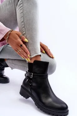 Boto Czarne Botki|Botki Płaskie*Skórzane Botki Damskie Z Paskami Czarne Minks