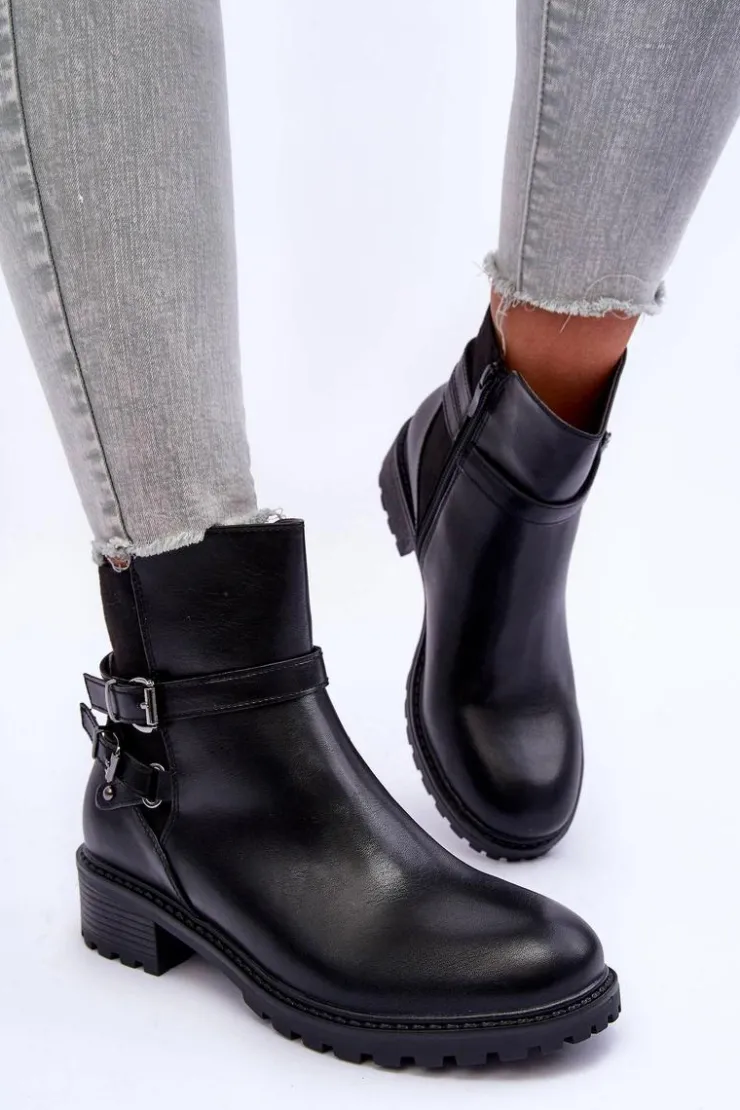 Boto Czarne Botki|Botki Płaskie*Skórzane Botki Damskie Z Paskami Czarne Minks