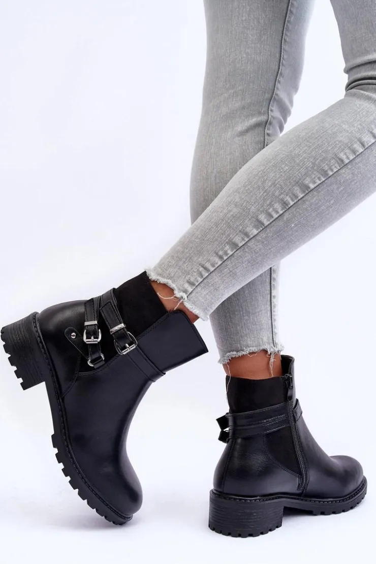 Boto Czarne Botki|Botki Płaskie*Skórzane Botki Damskie Z Paskami Czarne Minks