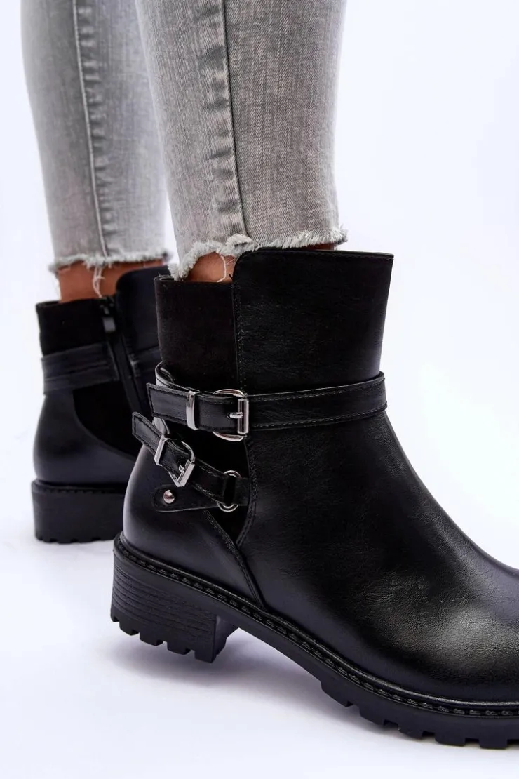 Boto Czarne Botki|Botki Płaskie*Skórzane Botki Damskie Z Paskami Czarne Minks