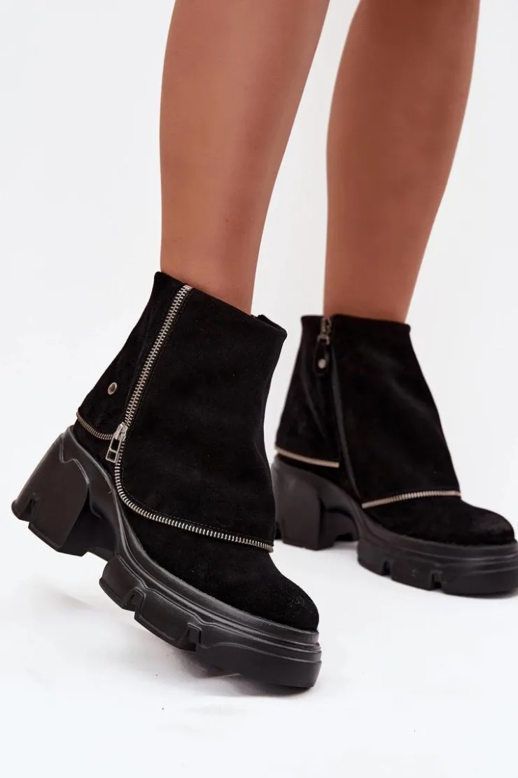 Maciejka Botki Ocieplane|Botki Maciejka*Skórzane Botki Damskie Z Wywiniętą Cholewką 07145-01 Czarne Czarny