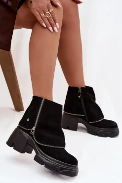 Maciejka Botki Ocieplane|Botki Maciejka*Skórzane Botki Damskie Z Wywiniętą Cholewką 07145-01 Czarne Czarny