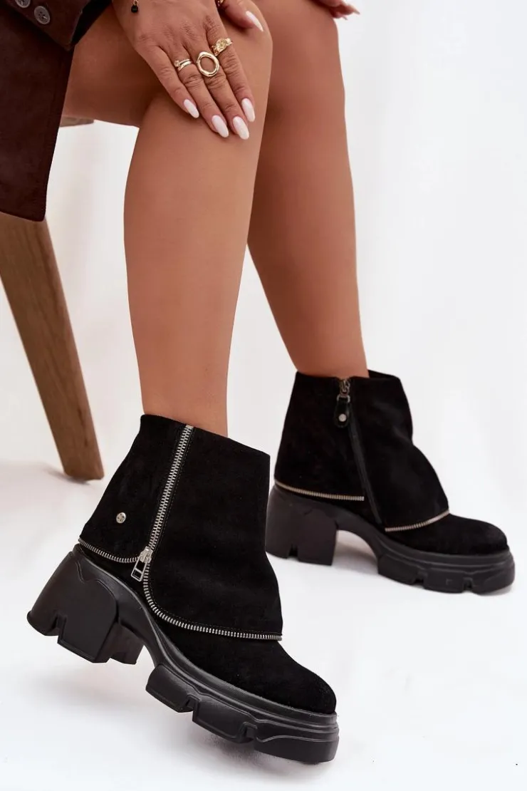 Maciejka Botki Ocieplane|Botki Maciejka*Skórzane Botki Damskie Z Wywiniętą Cholewką 07145-01 Czarne Czarny