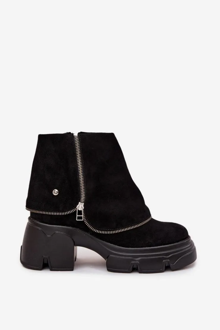 Maciejka Botki Ocieplane|Botki Maciejka*Skórzane Botki Damskie Z Wywiniętą Cholewką 07145-01 Czarne Czarny