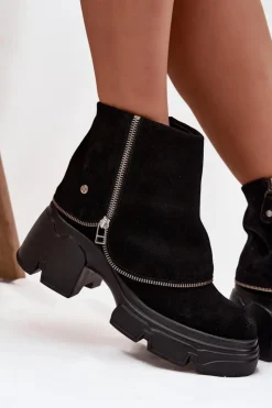 Maciejka Botki Ocieplane|Botki Maciejka*Skórzane Botki Damskie Z Wywiniętą Cholewką 07145-01 Czarne Czarny