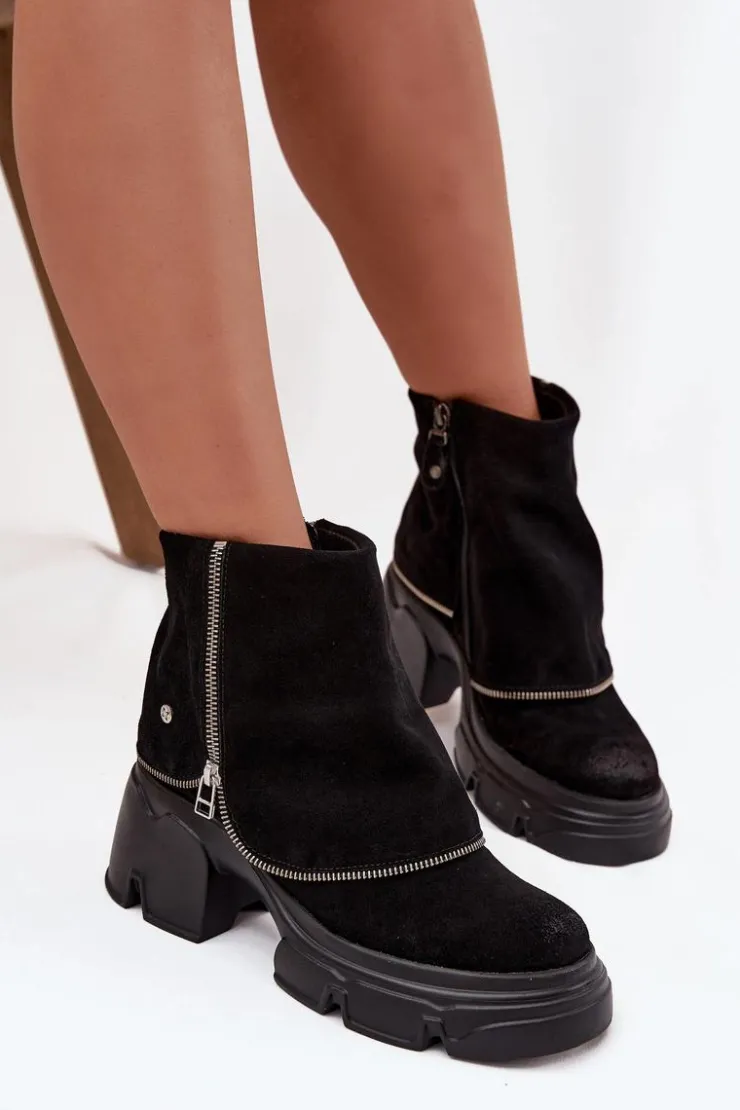 Maciejka Botki Ocieplane|Botki Maciejka*Skórzane Botki Damskie Z Wywiniętą Cholewką 07145-01 Czarne Czarny