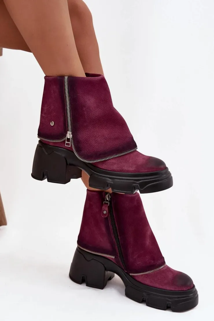 Discount Maciejka Skórzane Botki Damskie Z Wywiniętą Cholewką 07145-23 Bordowe Czerwony