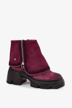 Discount Maciejka Skórzane Botki Damskie Z Wywiniętą Cholewką 07145-23 Bordowe Czerwony