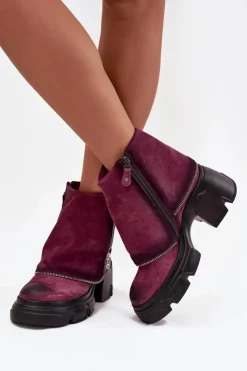 Discount Maciejka Skórzane Botki Damskie Z Wywiniętą Cholewką 07145-23 Bordowe Czerwony