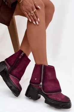 Discount Maciejka Skórzane Botki Damskie Z Wywiniętą Cholewką 07145-23 Bordowe Czerwony