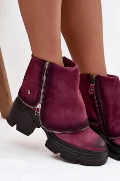 Discount Maciejka Skórzane Botki Damskie Z Wywiniętą Cholewką 07145-23 Bordowe Czerwony