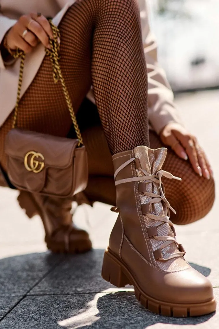 Online Boto Skórzane Botki Damskie Z Wiązaniem Beżowe Doreli