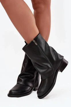 Clearance Maciejka Skórzane Botki Damskie Z Wywiniętą Cholewką Na Klocku K7213-01 Czarne