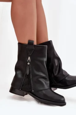 Clearance Maciejka Skórzane Botki Damskie Z Wywiniętą Cholewką Na Klocku K7213-01 Czarne