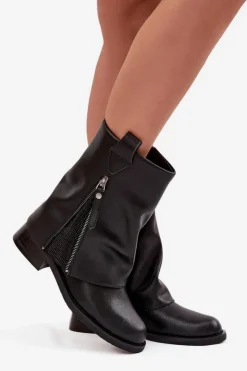 Clearance Maciejka Skórzane Botki Damskie Z Wywiniętą Cholewką Na Klocku K7213-01 Czarne