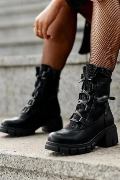 New Boto Skórzane Botki Damskie Z Wiązaniem Czarne Doreli