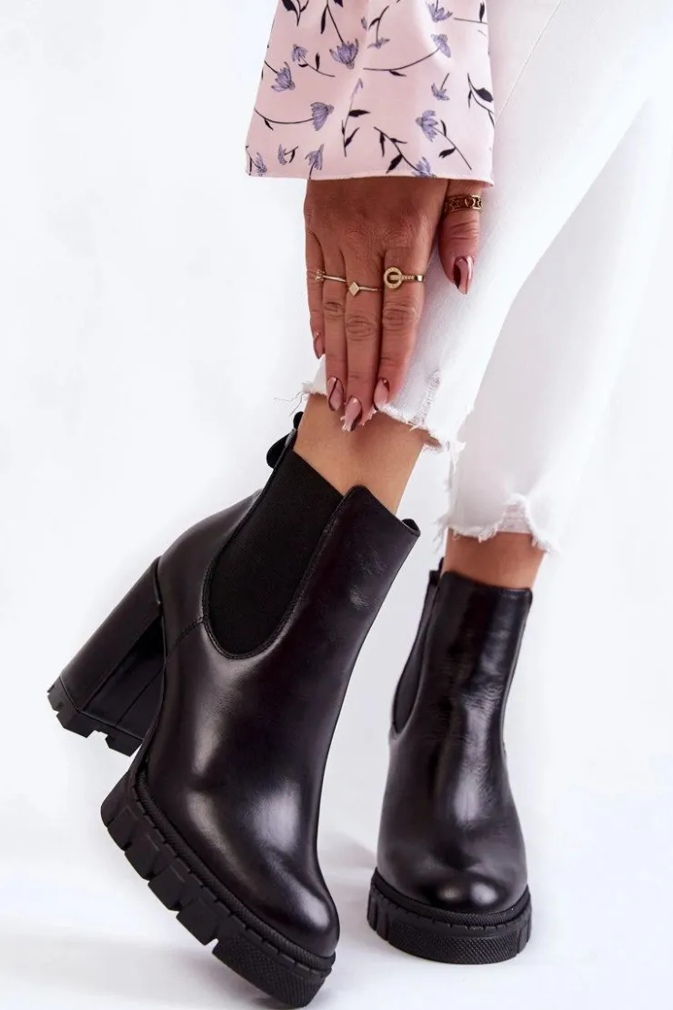 Boto Botki Ocieplane|Damskie Trapery*Skórzane Botki Gładkie Na Słupku Czarne Eldey Czarny