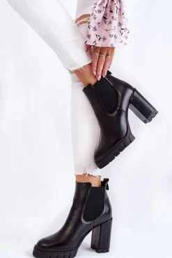 Boto Botki Ocieplane|Damskie Trapery*Skórzane Botki Gładkie Na Słupku Czarne Eldey Czarny