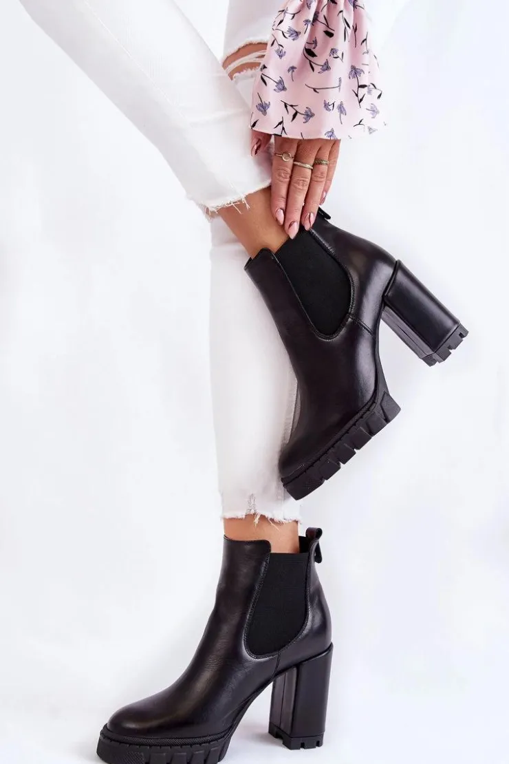 Boto Botki Ocieplane|Damskie Trapery*Skórzane Botki Gładkie Na Słupku Czarne Eldey Czarny