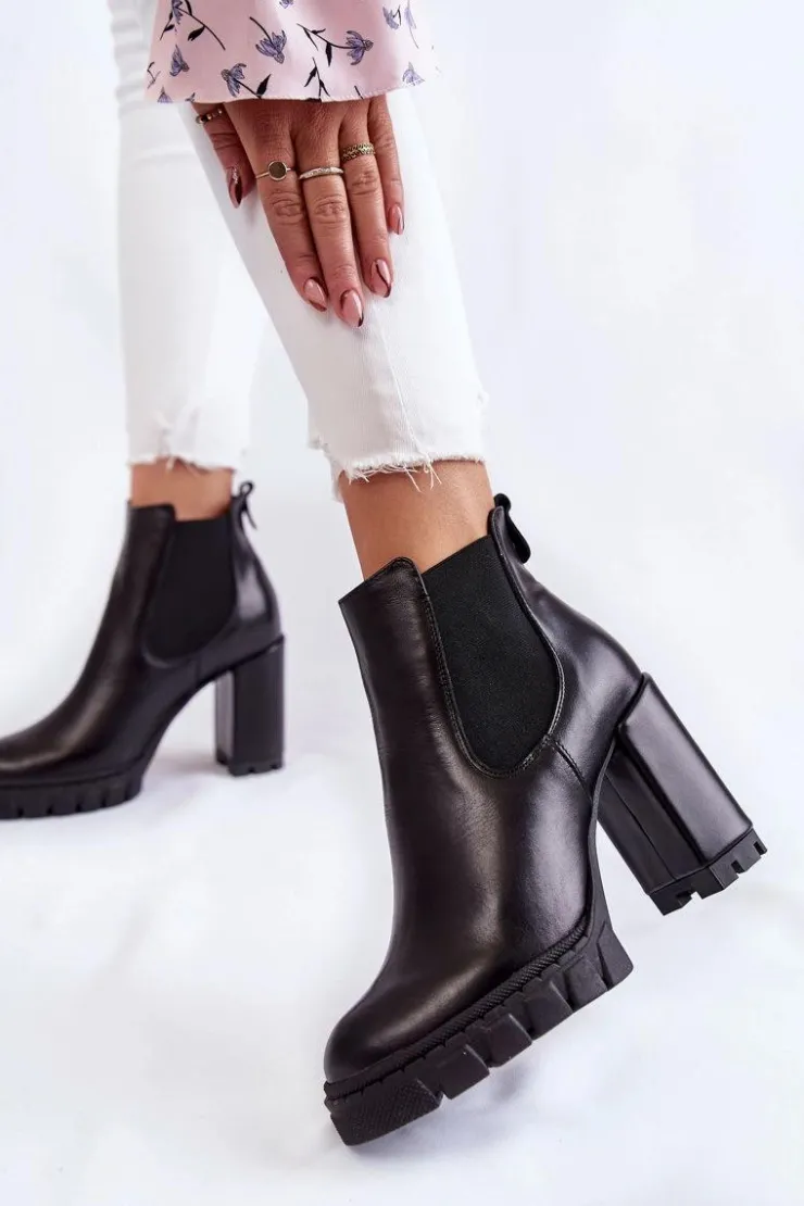 Boto Botki Ocieplane|Damskie Trapery*Skórzane Botki Gładkie Na Słupku Czarne Eldey Czarny