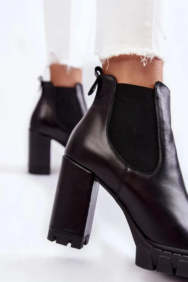 Boto Botki Ocieplane|Damskie Trapery*Skórzane Botki Gładkie Na Słupku Czarne Eldey Czarny