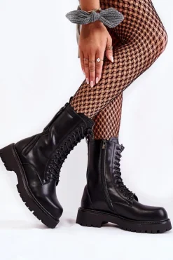 Damskie Big Star Shoes Skórzane Botki Glany Big Star KK274494 Czarne