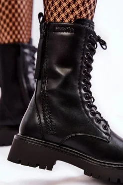 Damskie Big Star Shoes Skórzane Botki Glany Big Star KK274494 Czarne