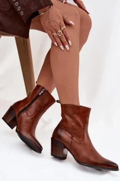 Zazoo Botki Ocieplane|Botki Skórzane*Skórzane Botki Kowbojki Damskie Na Słupku Ocieplane 60565 Brązowe Brązowy