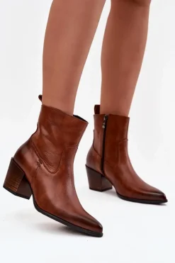 Zazoo Botki Ocieplane|Botki Skórzane*Skórzane Botki Kowbojki Damskie Na Słupku Ocieplane 60565 Brązowe Brązowy