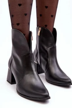 Boto Botki Na Słupku|Botki Na Obcasie*Skórzane Botki Kowbojki Damskie Na Obcasie Czarne Lewski 3166/B/2