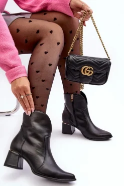 Boto Botki Na Słupku|Botki Na Obcasie*Skórzane Botki Kowbojki Damskie Na Obcasie Czarne Lewski 3166/B/2