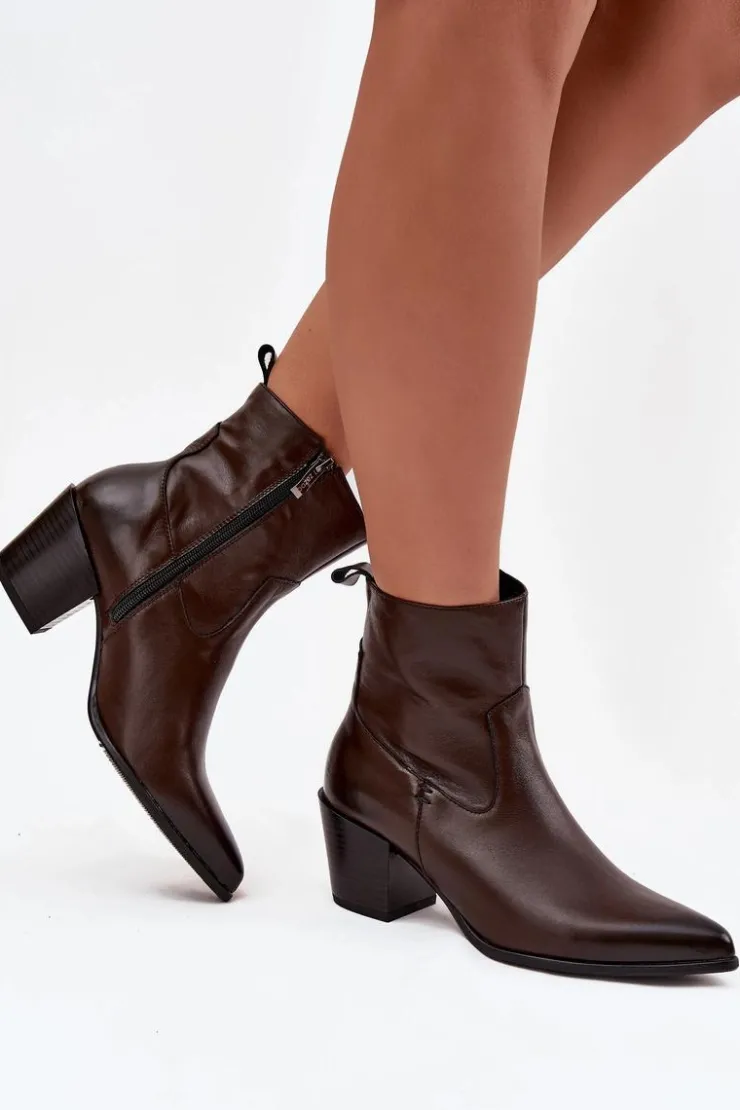 Online Zazoo Skórzane Botki Kowbojki Damskie Na Słupku Ocieplane 60565 Czekoladowe Brązowy