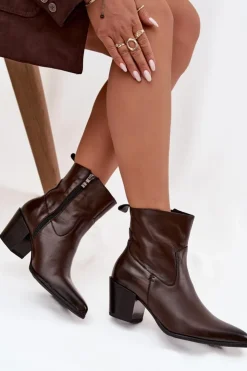 Online Zazoo Skórzane Botki Kowbojki Damskie Na Słupku Ocieplane 60565 Czekoladowe Brązowy