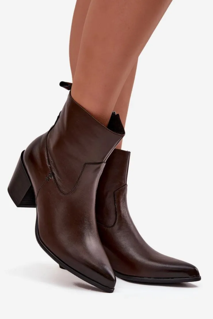 Online Zazoo Skórzane Botki Kowbojki Damskie Na Słupku Ocieplane 60565 Czekoladowe Brązowy