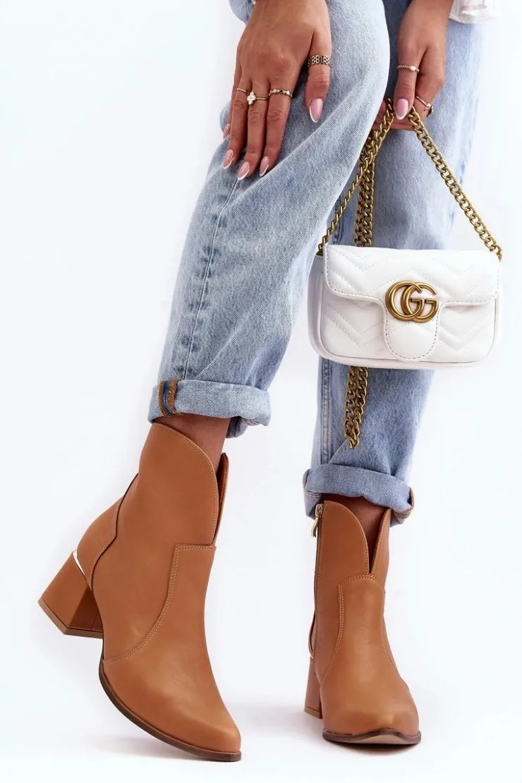 Sale Boto Skórzane Botki Kowbojki Damskie Na Obcasie Camel Lewski 3166/B/2