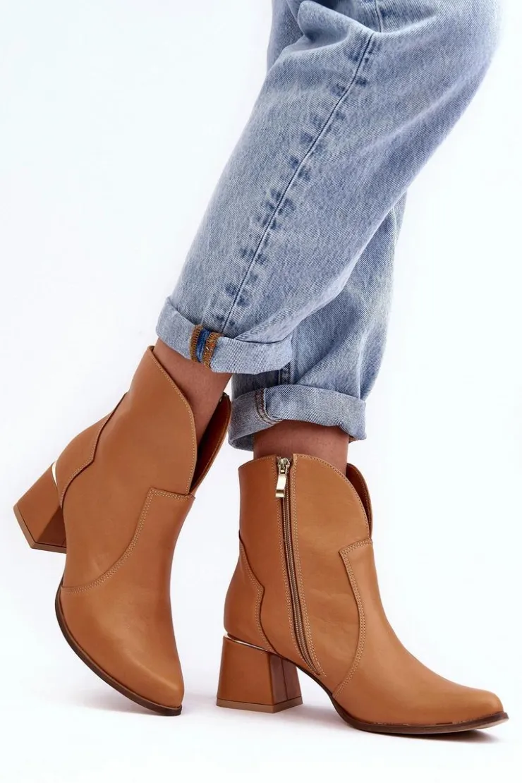 Sale Boto Skórzane Botki Kowbojki Damskie Na Obcasie Camel Lewski 3166/B/2