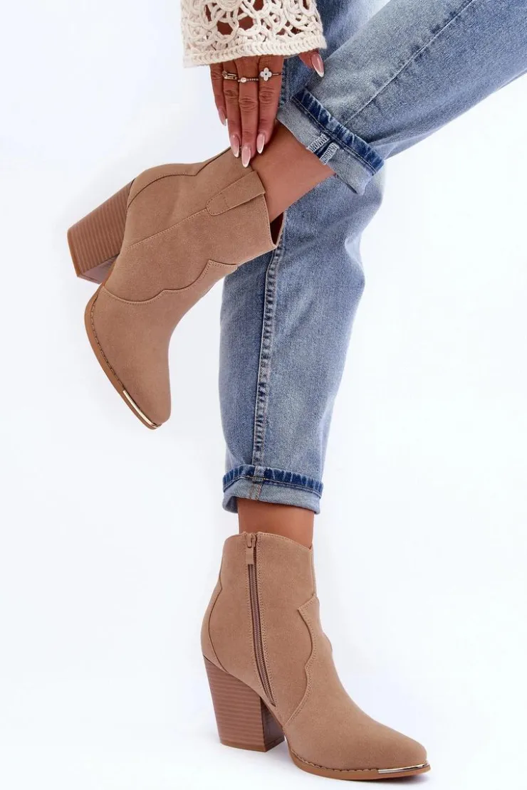 Online Boto Skórzane Botki Kowbojki Na Obcasie Beżowe Lotoune