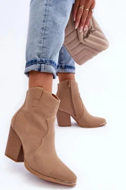 Online Boto Skórzane Botki Kowbojki Na Obcasie Beżowe Lotoune