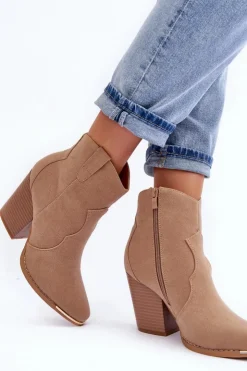 Online Boto Skórzane Botki Kowbojki Na Obcasie Beżowe Lotoune